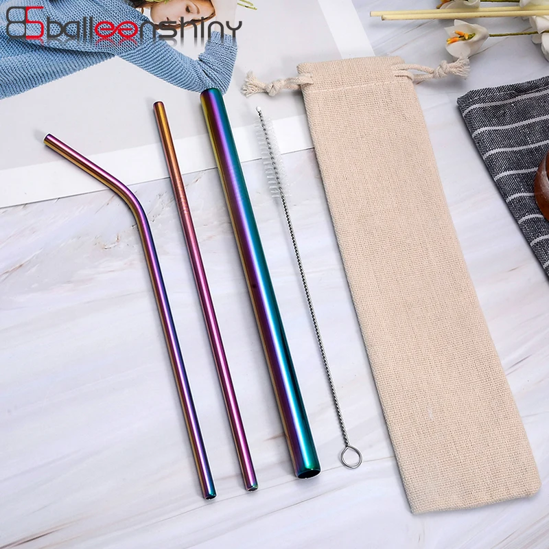 

BalleenShiny Stainless Steel 4pcs/set Straws Set Colorful Bar Cocktail Beverage Tools Portable Kitchen Accessories Straw Supply