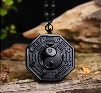 

Natural Black Obsidian Hand Carved Chinese Taiji BaGua Lucky Amulet Pendant Free Necklace Fashion Jewelry