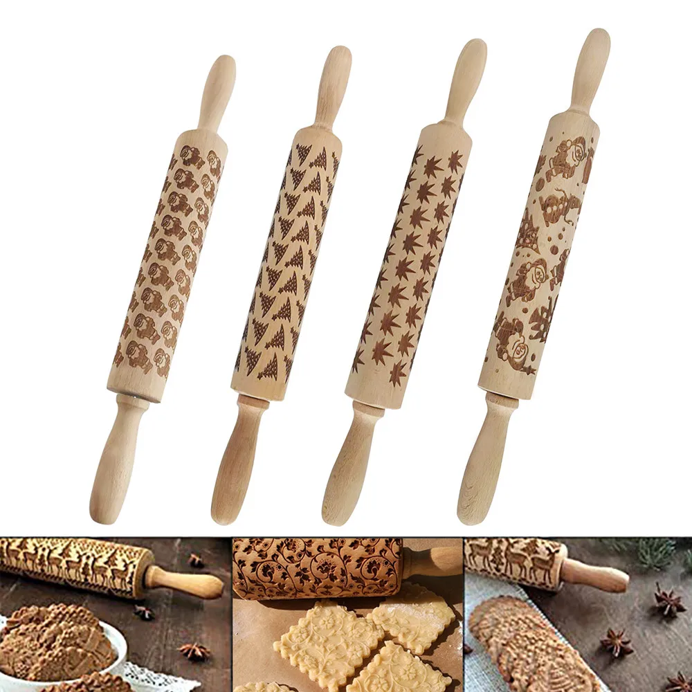 Christmas Rolling Pin Engraved Carved Wood Embossed Rolling Pin Kitchen