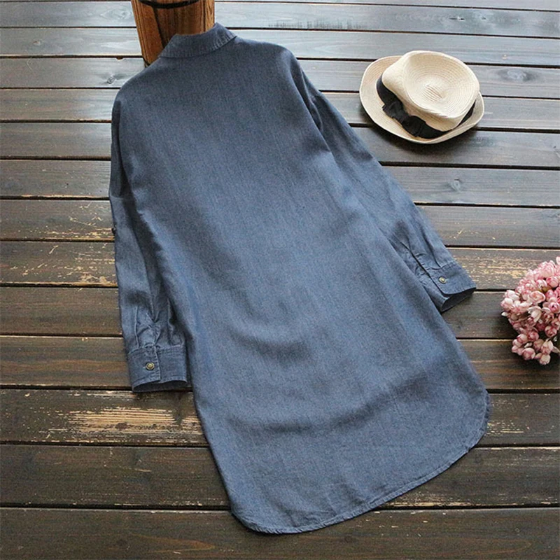 S 5XL Women Retro Casual V Neck Long Sleeve Baggy Denim Blue Shirts Solid Loose 2018 Fashion Spring Work Office Blouse Plus Size Blouses