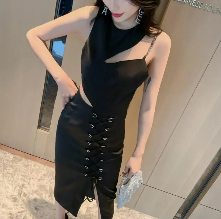

Black Sexy Halter Bodycon Dress Spaghetti Strap Cross Lace Up Split Bandage Dress Sundress Vestidos