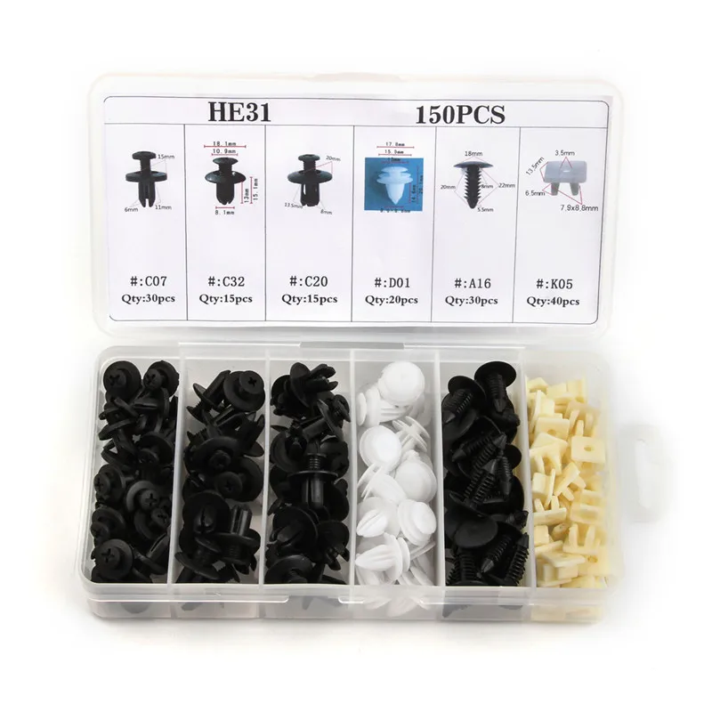 

150PCS 6Types Plastic Car Bumper Clip Rivet Screws Retainer Panel Push Body Interior for BMW VW Clip Nail Fastener Kit with Box