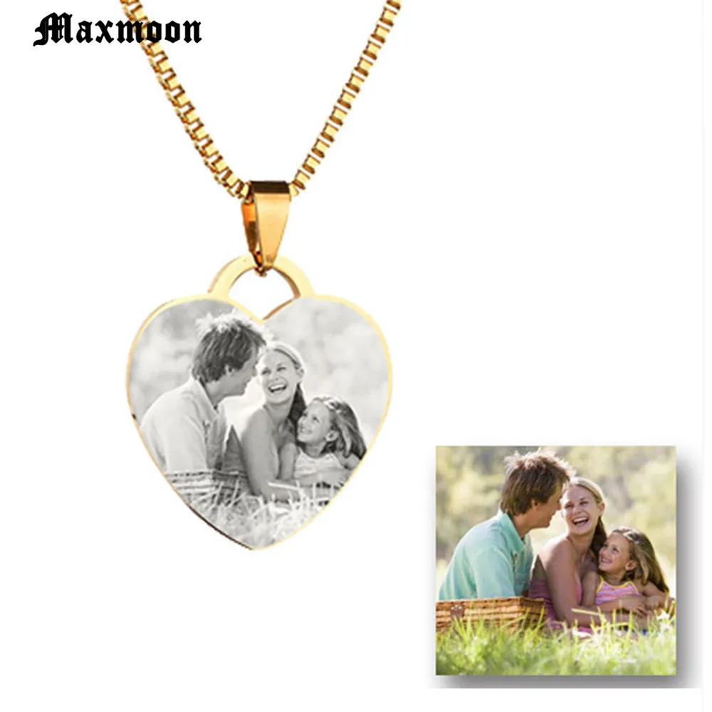 

Maxmoon Personalized Stainless Steel Name Pendant Necklace Heart Love Engrave Photo Name Necklace For Family Gift 31x32mm