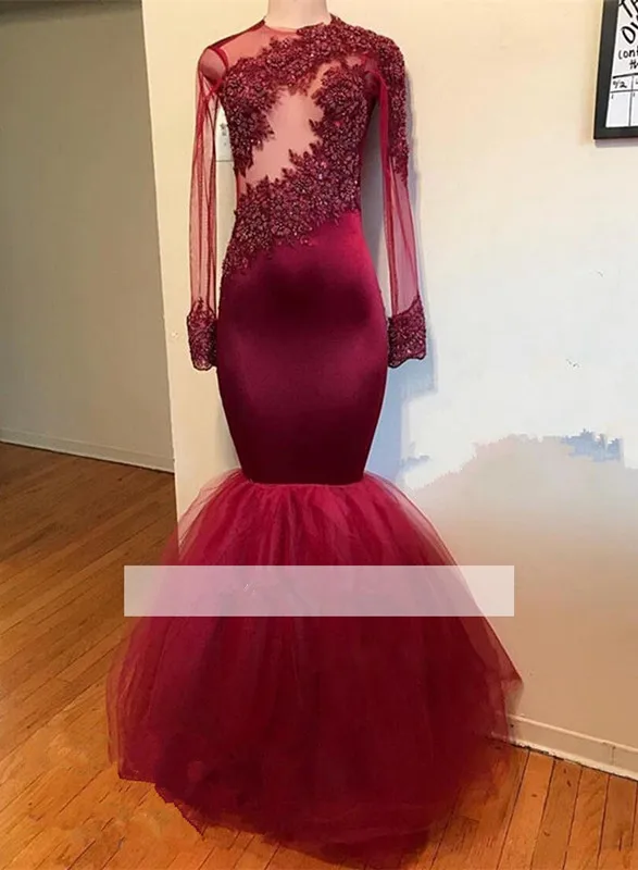 

Burgundy 2019 Prom Dresses Mermaid Long Sleeves Tulle Lace Pearls Party Maxys Long Prom Gown Evening Dresses Robe De Soiree