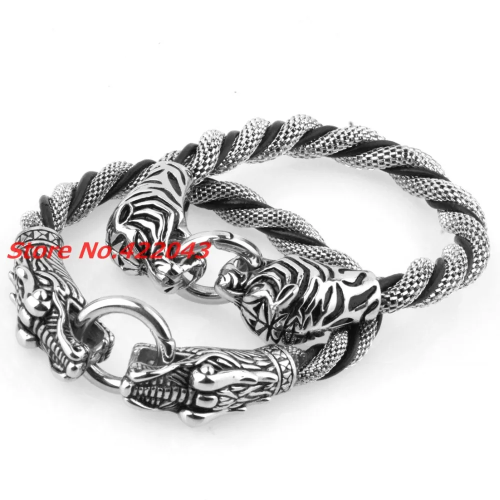 Винтаж мужские ювелирные изделия черный из натуральной кожи с сеткой веревку цепи Браслеты Нержавеющая сталь дракон/Тигр головок мальчик браслет