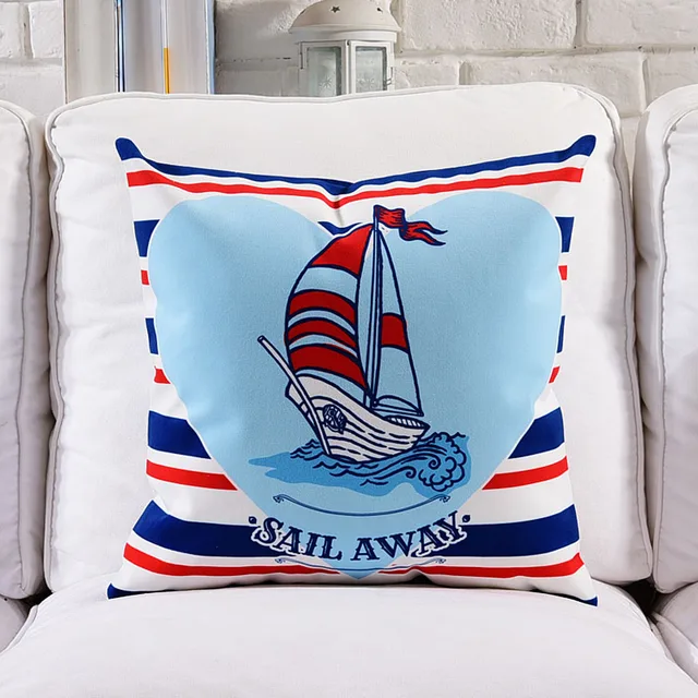 Sailing Boat Cushion Cover Blue and Red Color Land and Sea Boat Anchor