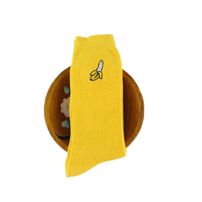 Ins/1 пара, стильные женские Носки с рисунком фруктов Осенние теплые хлопковые высокие носки повседневные носки с объемной вышивкой фруктов, один размер - Цвет: Цвет: желтый