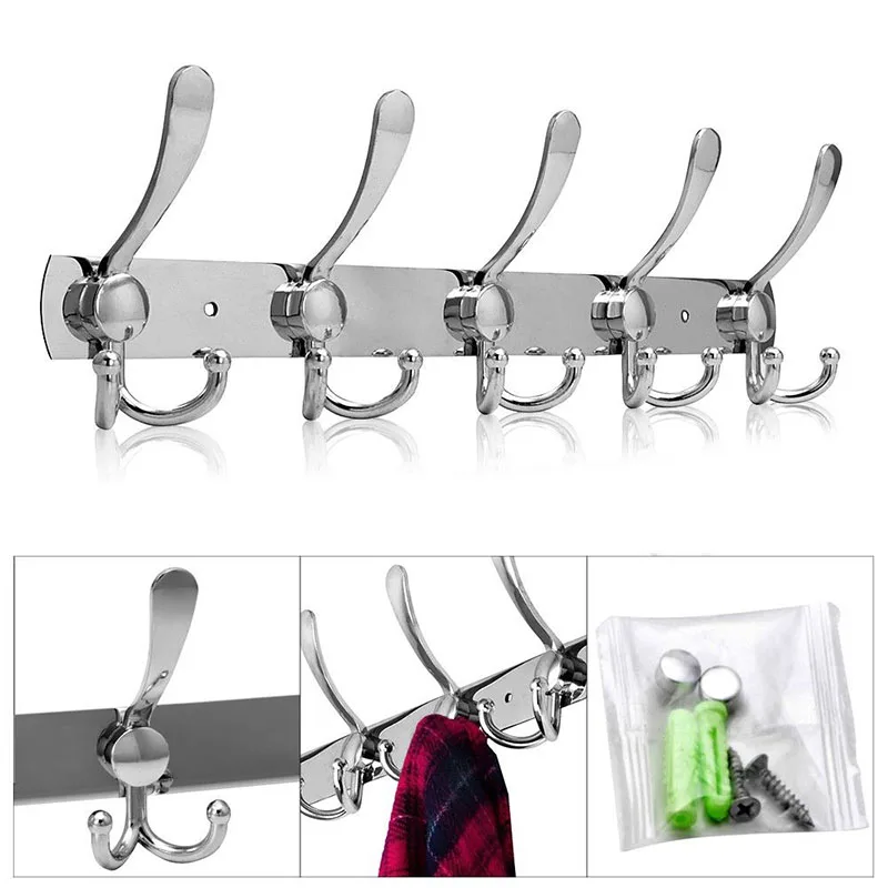 

1pcs Stainless Steel Wall Mounted Hook Coat Hanger Hat Cloth Towel Rack with 10 Hooks Kitchen Storage Holder Bathroom Racks Row