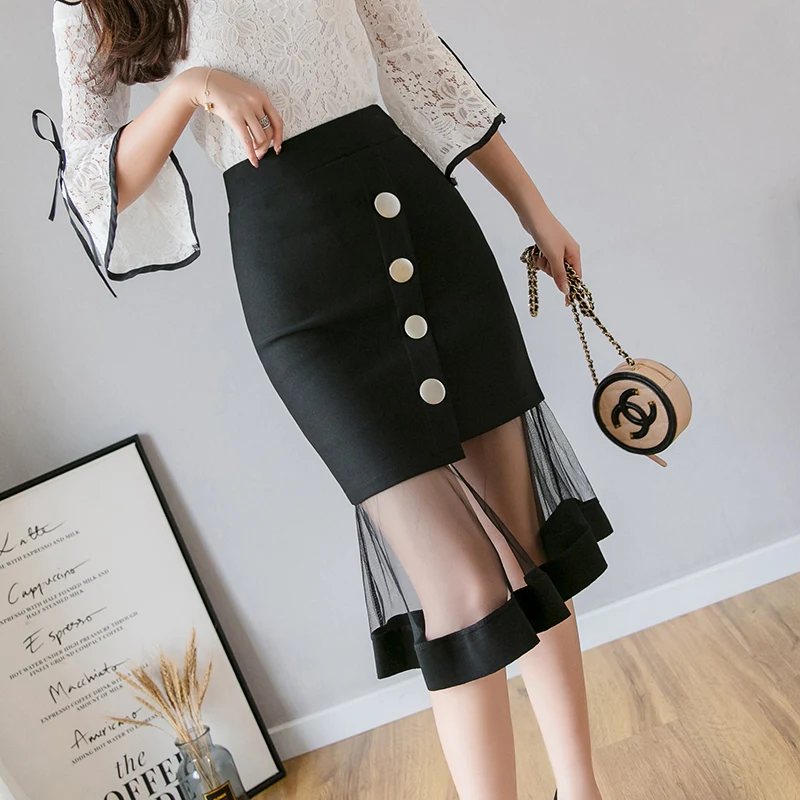 

2019 Women Midi Pencil Skirts Summer Mesh Patchwork Button Elegant High Waist Skirt Ladies Package Hip Trumpet Skirts Plus Size