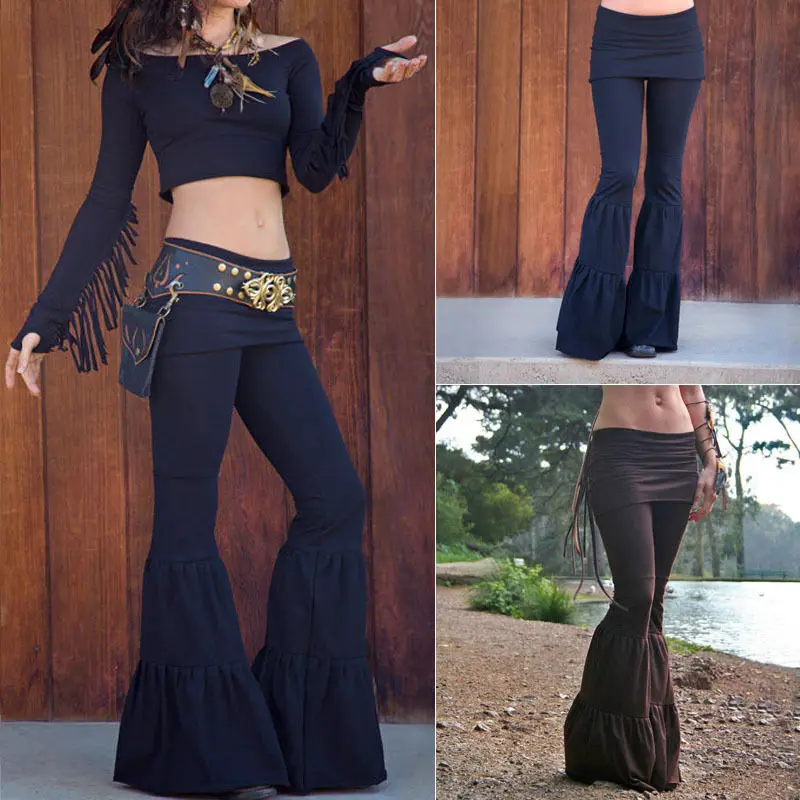 

New Womens Vintage High Waist Pants Bell Bottom Stretch Flare Wide Leg Long Pants Stretch Boho Hippie Trousers