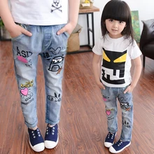 Детская одежда, джинсы брюки осень девушки Персонализированные с рисунком девочки джинсовые штаны