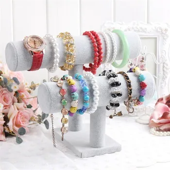 

Portable Velvet/PU Leather Bracelet Bangle Necklace Display Stand Holder Watch Jewelry Organizer 2 Tiers T-Bar Rack W0708