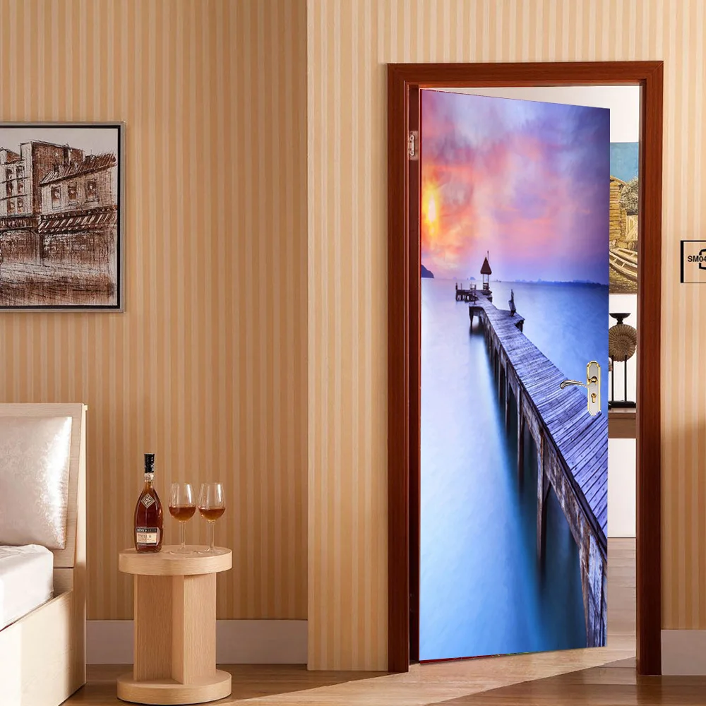 2 Panels Sea Glowing And Wooden Pier Murals Wall Stickers Door Sticker