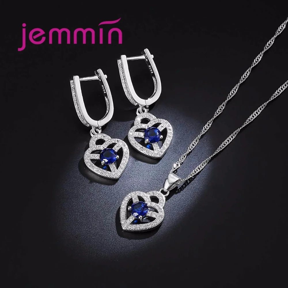 Jemmin Jewelry Sets For Brides Women Blue Crystal Sapphire Stone Pendant Wedding 925 Sterling Silver Color Earrings + Necklace - Image 3