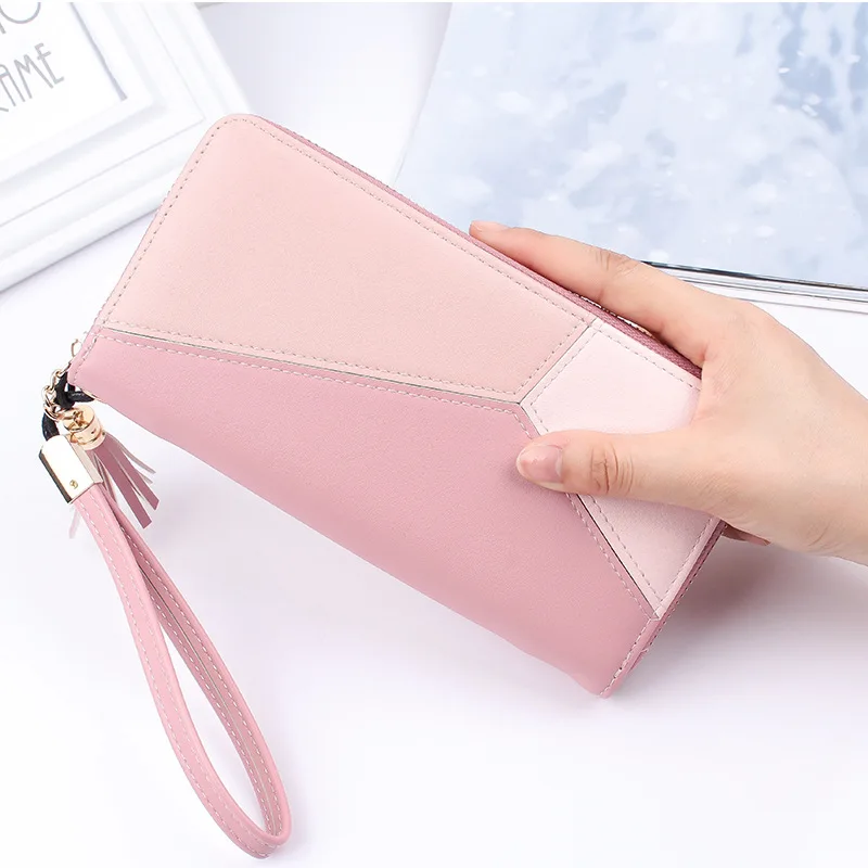 

AOSBOS Long PU Leather Purse New Tassel Wallet Solid Patchwork Zipper Purses Fashion Design Clutch Bag Wallets for Women