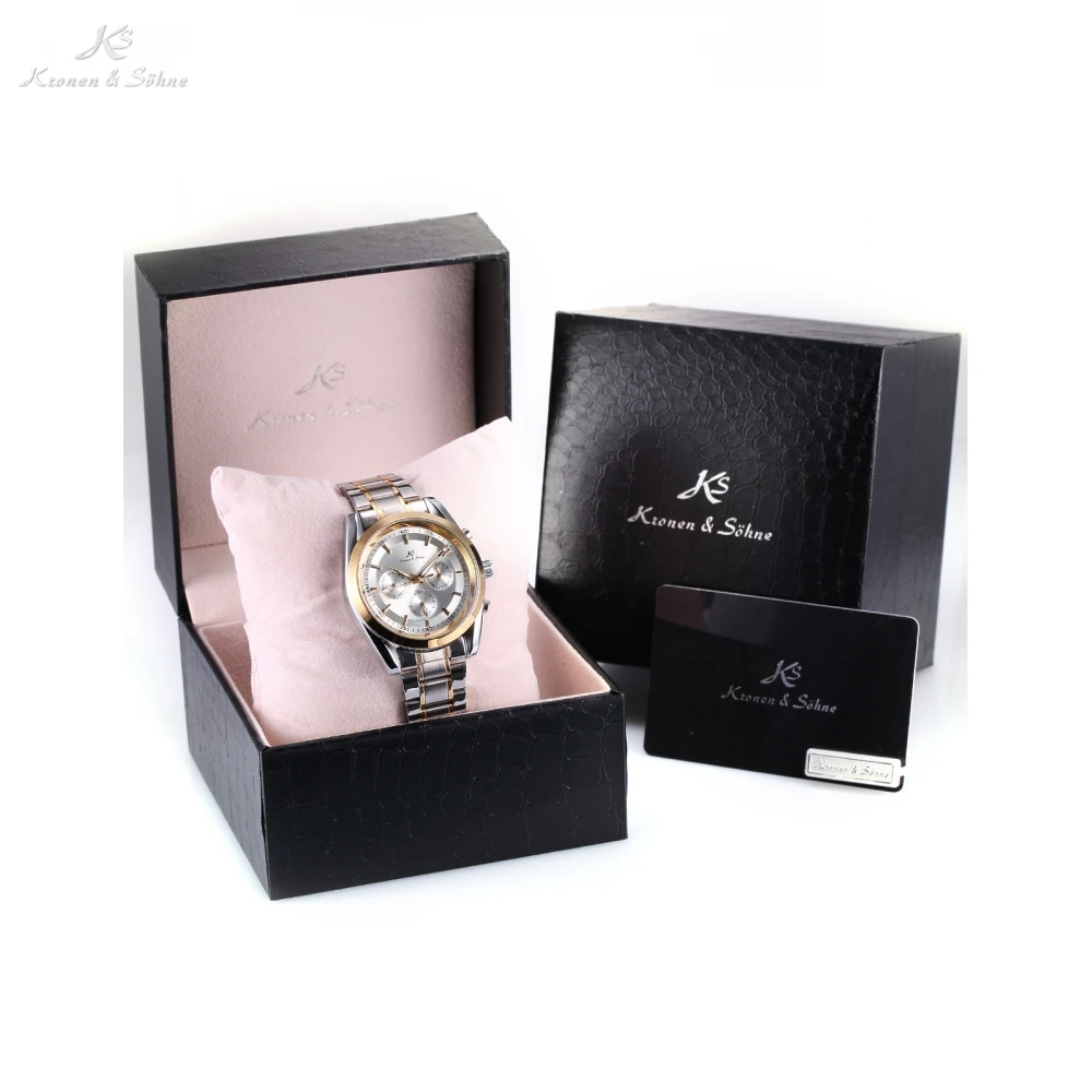 Luxury Leather Package Gift Box KS 6 Hands Date Day Stainless Steel Strap Automatic Mens