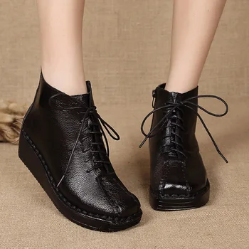 

New women Genuine Leather Boots Vintage Style Booties Cowhide Women's Shoes Lace-Up side Zip Ankle Boots Female Autumn Winter