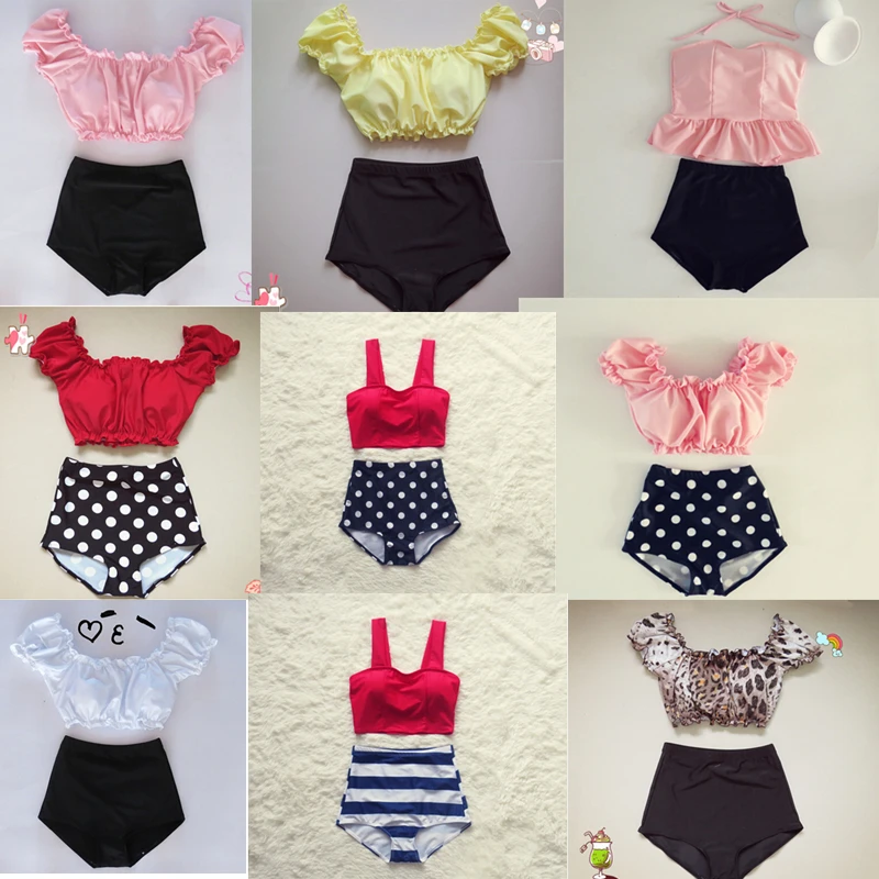 

Women Ruffle Top Pink Swimwear Teens Swimsuit Bikini Two 2 Piece High Waist Biquini May High-waisted Red Pad Swiming Suit 2019