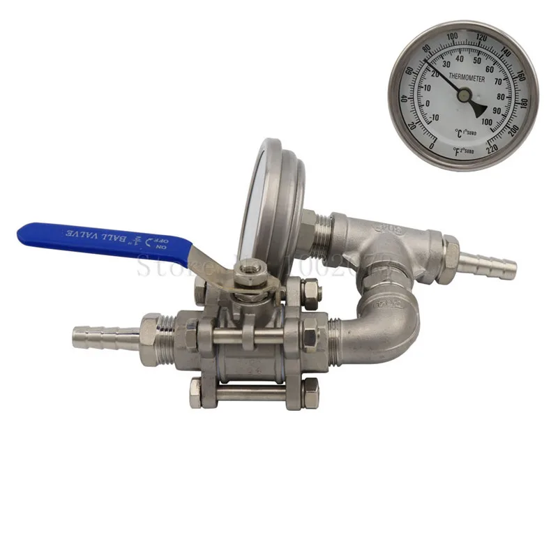 Stainless Steel 3-Piece Ball Valve Counterflow With 1/2" In-line Thermomete, Hose Barb& Hex Nipple for Home Brew Wort Chiller