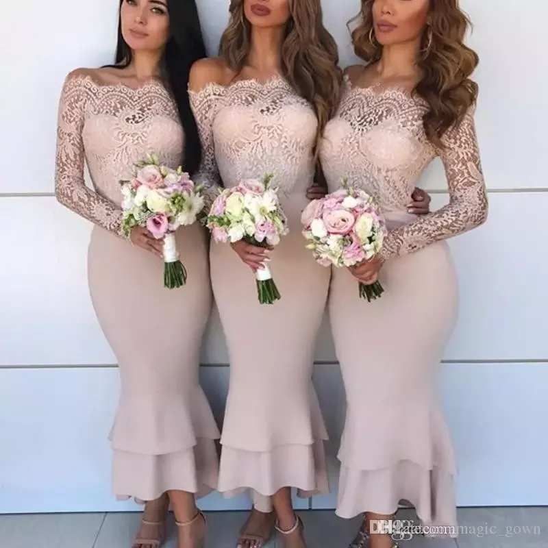 Одежда с длинным рукавом Hi-Lo оборками атласная Свадебная вечеринка платья, вечерние платья с открытыми плечами 2018 дешевые «русалка» платья