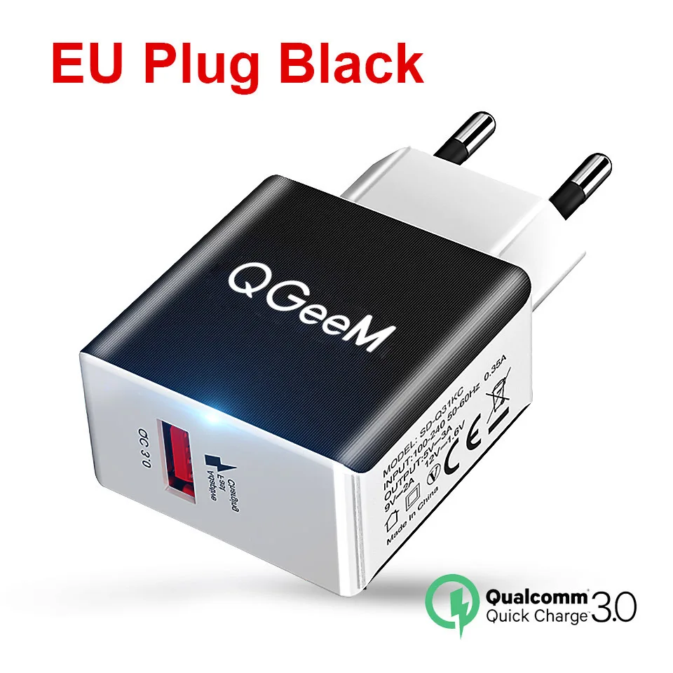 QGEEM QC 3,0 USB зарядное устройство волоконное быстрое зарядное устройство 3,0 быстрое зарядное устройство Портативный зарядный адаптер для телефона для iPhone Xiaomi Mi9 EU US - Тип штекера: BLACK EU