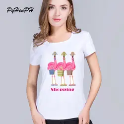 PyHenPH Мода Фламинго друзья ходить по магазинам футболки с принтом Для женщин летние шею Основные топы белого цвета женщина новинка футболка