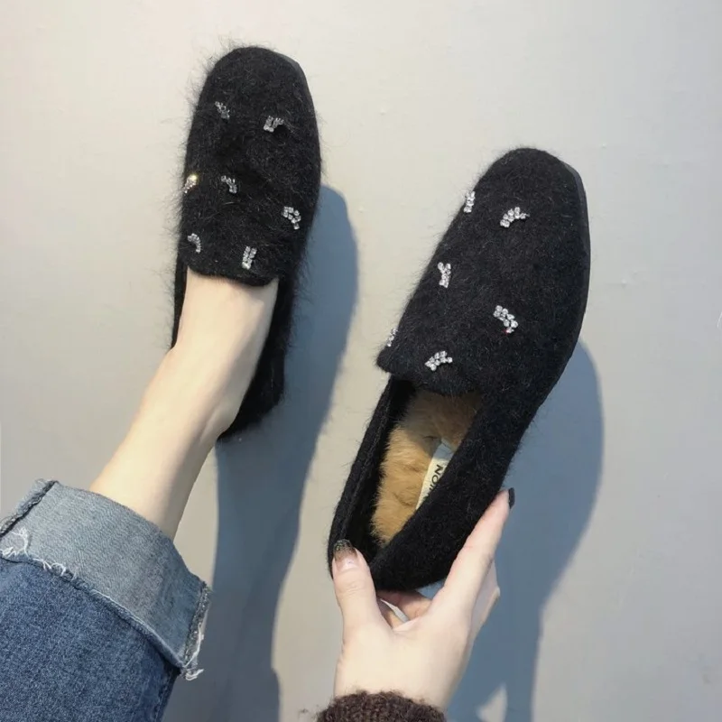 2018 г. осенне-зимняя модная повседневная обувь со стразами с закрытым носком теплая и удобная обувь с кроличьим мехом lok fu домашняя обувь