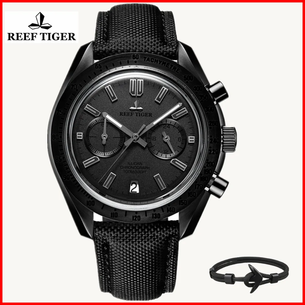 

2019 Reef Tiger/RT Mens Designer Chronograph Watch with Date Nylon Strap Luminous Sport Watch Male Black Pilot Watch RGA3033