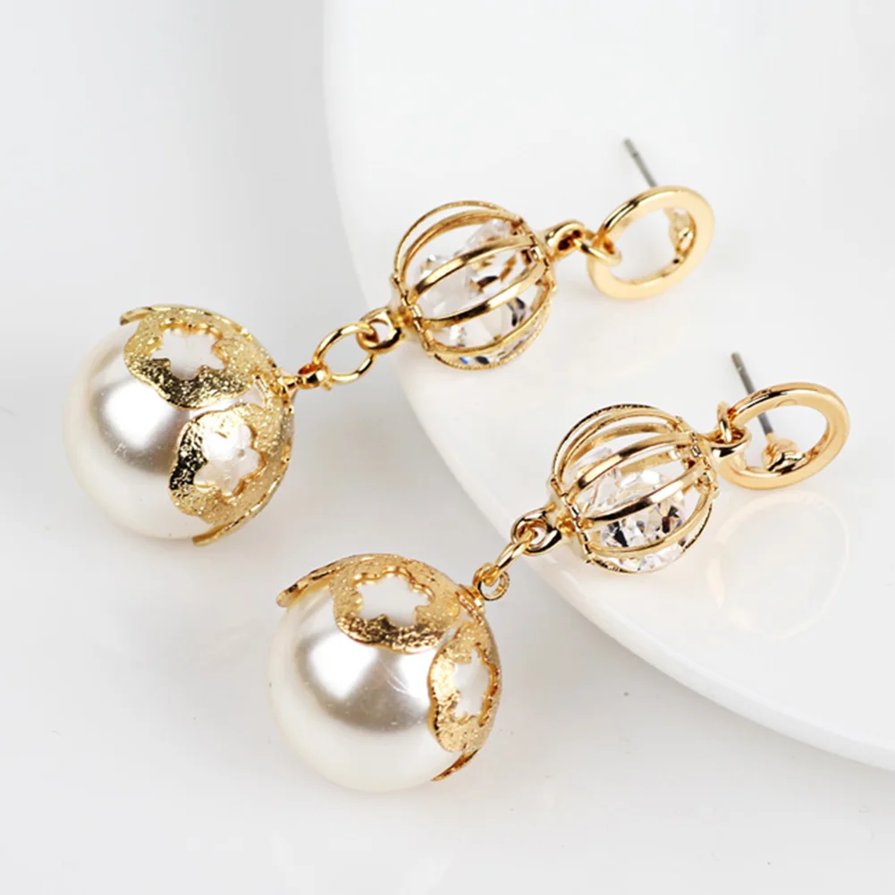 Trendy simulated pearl ball earrings for girls Luxury hollow crystal