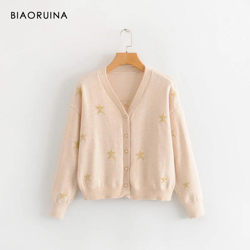 

BIAORUINA Women's Casual Pentagram Jacquard V-neck Knitted Cardigans Female Single Breasted Sweet All-match Sweater One Size