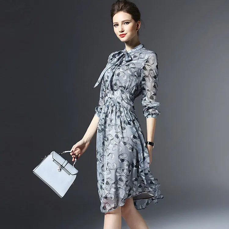 New Autumn Dress Women Butterfly Print Dress Robe Femme Casual Long Sleeve Women Dresses Bow Chiffon Vestidos Mujer 2019 (7)