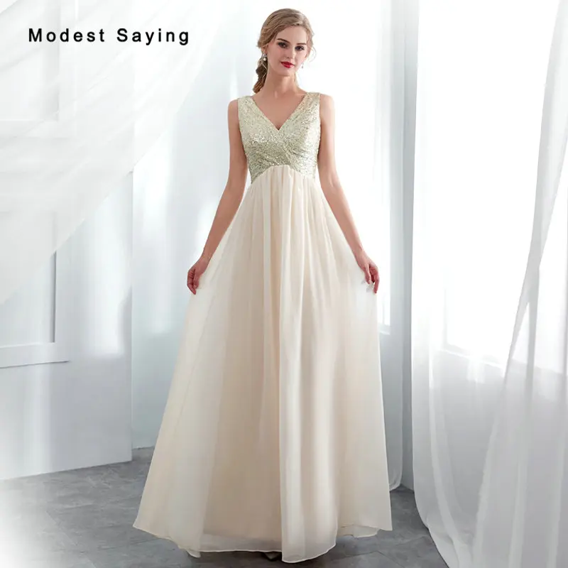 Wholesale Elegant Champagne V Neck Sequined Bridesmaid Dresses 2019