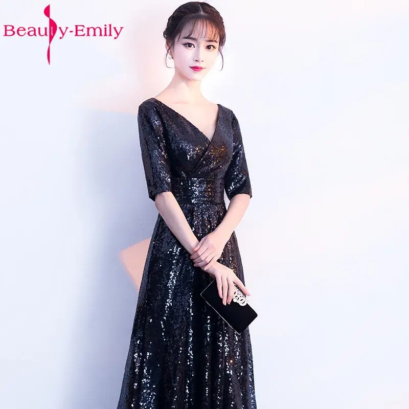 Beauty Emily черное расшитое блестками длинное вечернее платье 2019 ТРАПЕЦИЕВИДНОЕ с v