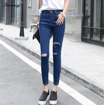 

Blue Bleach Wash Distressed Rock Denim Jeans Women Casual mid Waist Button Fly Ripped ninth Pants 2018 Skinny Jeans