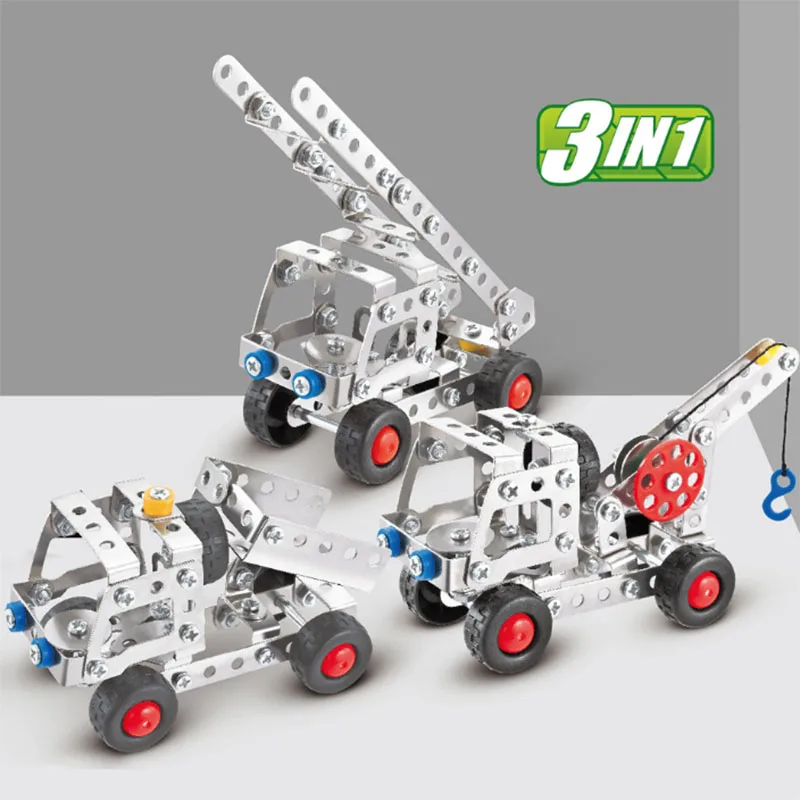 

3in1 City Engineering Car Truck Stainless Steel Alloy Metal Building Block Early Education Metal Building Hands-on Creative To
