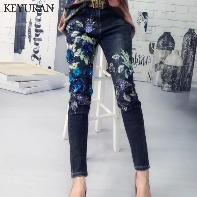 2018 New Embroidery Flowers Stretch Skinny Women Sequined Jeans Fashion Boyfriend Denim Casual Jeans Trousers For Women Pencil