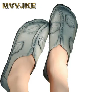 

MVVJKEEthnic Style 2018 New Fashion Genuine Leather Handmade Women GRAY Shoes Comfortable Casual Flat Shoes Woman Loafers