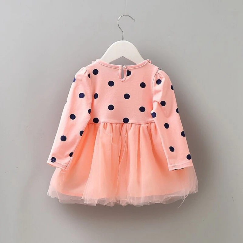 Newborn Baby Girl Clothes Spring Autumn Casual Fashion Baby Girl Long Sleeve Bow Wave Point Bubble Mesh Princess Dress 0-4Y