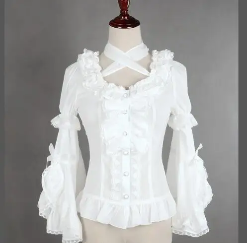 

Sweet White/Black Lolita Chiffon Blouse Detachable Flare Sleeve Blouse with Criss Cross Neck
