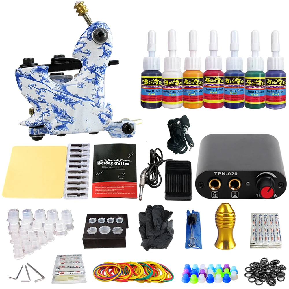 

Solong Tattoo Machine Kit Complete Set Aluminium Grip Power Supply Foot Padel Switch Cartridge Needles TK105-64