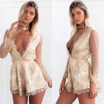 

HIRIGIN Women transparent Sleeve Sequins Party Short Cocktail Bling Sexy jumpsuits