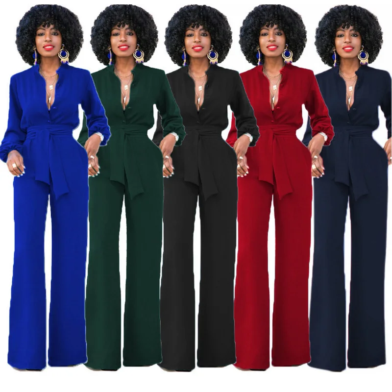 

3XL Plus size women office wide leg jumpsuit long romper 2018 long sleeve sexy v neck tunic party Work Wear Elegant overalls hot