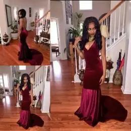

Unique Designer Burgundy Mermaid women Flattered Fitted Red Wine Velvet Elegant Party Gowns 2018