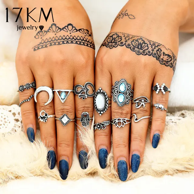 17KM Vintage Opal Stone Rings Set For Women 2018 Turkish Moon Flower Midi Finger 17KM Vintage Opal Stone Rings Set For Women 2018 Turkish Moon Flower Midi Finger