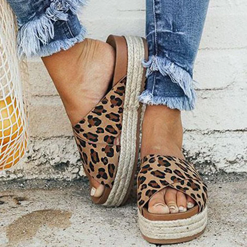 

Fashion Leopard Print Summer Women Casual Height Increasing Wedge High Heel Open Toe Flip Flops Slippers Mules Slides Shoes A587