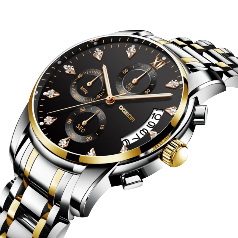 

OGEDA Men Watch Chronograph Sport Mens Watches Top Brand Luxury Waterproof Full Steel Quartz Gold Clock Men Relogio Masculino