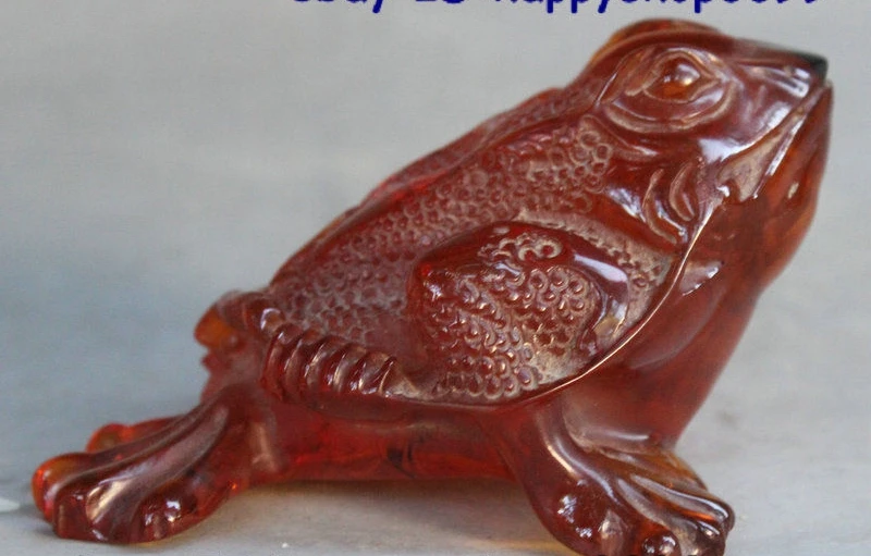 

4" China FengShui Animal Man-made Amber Auspicious Wealth Toad Carry Coin Statue