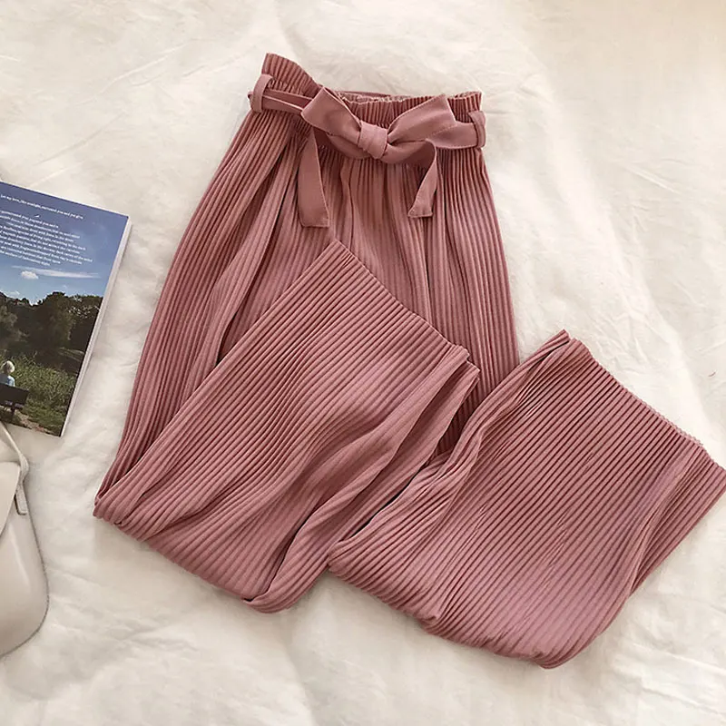 Женские Плиссированные широкие брюки с бантом на поясе для офисных леди, черные элегантные брюки с высокой талией, летняя однотонная свободная одежда для женщин - Цвет: Розовый
