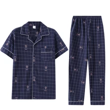 Весна Лето хлопок мужские пижамы с коротким рукавом набор с отложным воротником полосатые повседневные Мягкие свободные большие размеры Pyjamas мужские пижамы