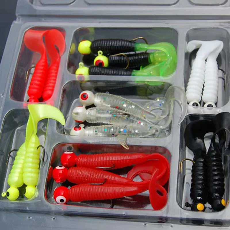 

17Pcs/Set Mini Soft Fishing Lure Jig Head Hook Grub Worm Silicone Fish Baits for Ocean Carp Fishing Accessories B2Cshop